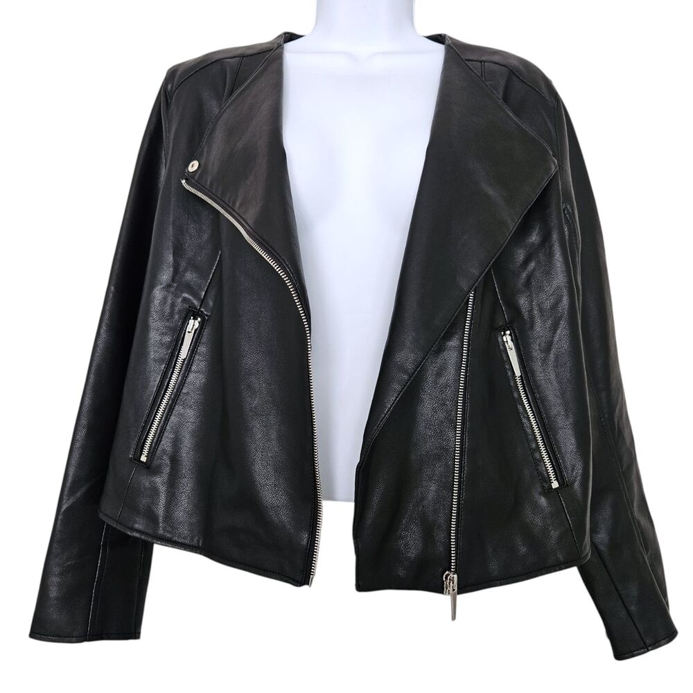 Mango MNG Faux Leather Biker Moto Jacket Womens Medium Black Zip - Picture 6 of 11